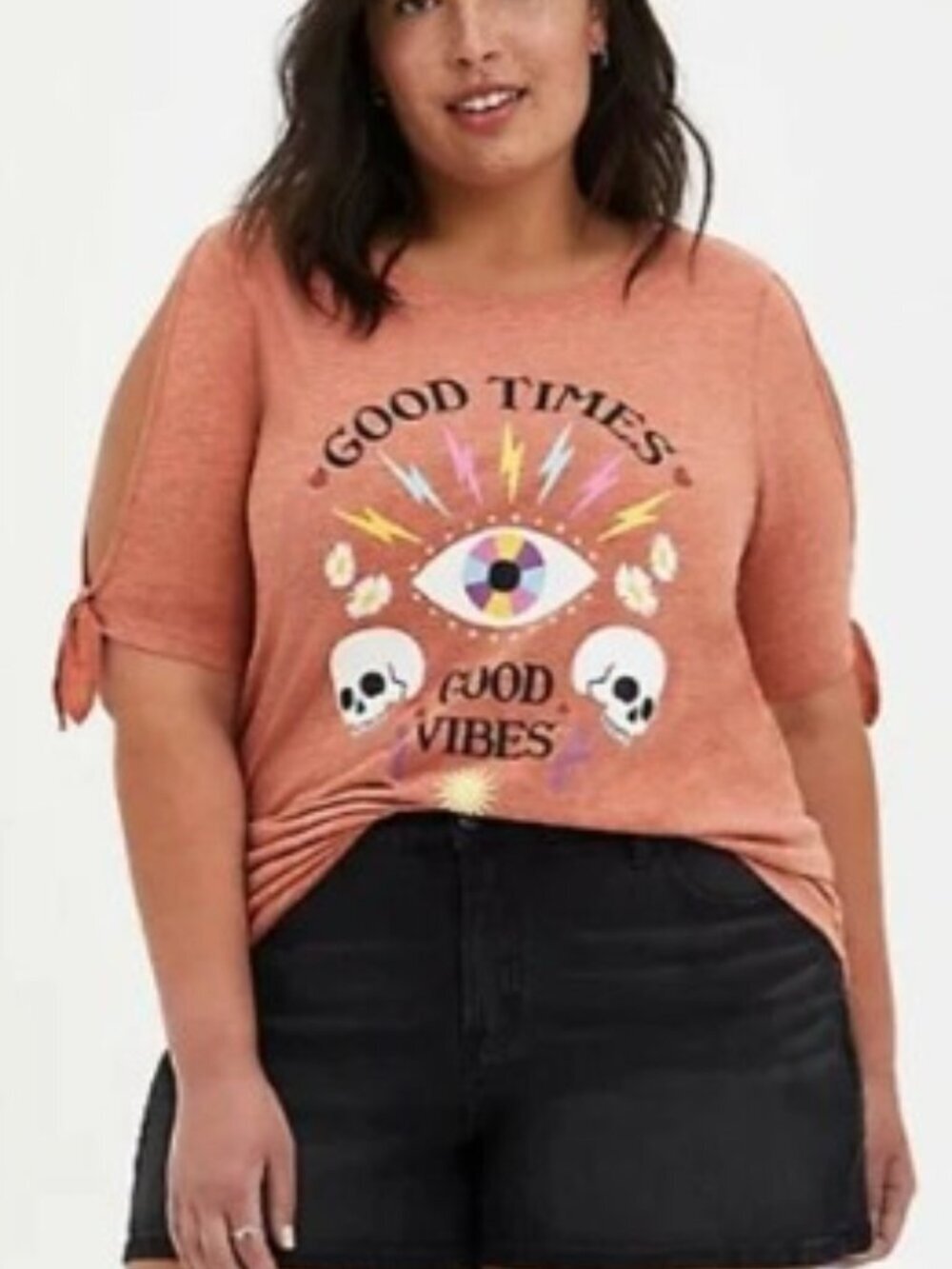 Torrid Classic Fit Cold Shoulder Skull Eye Art Multi Color/Orange Top NWT 3 3X